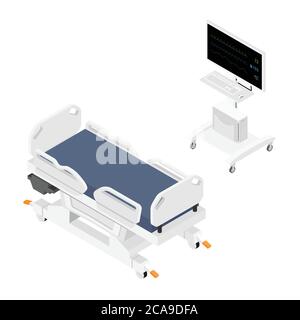 Mobile Hospital Medical Bett und Vitalparameter für Patienten isometrische Ansicht auf weißem Hintergrund. Stock Vektor