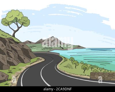 Mountain Road Grafik Farbe Landschaft Skizze Illustration Vektor Stock Vektor