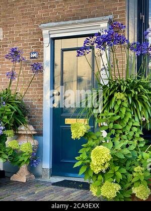 Home Sweet Home. Eingangstür zu einer alten Hausfassade, umgeben von Topfpflanzen und Blumen in Töpfen. Willkommen zu Hause Fußmatte Backsteinwand einladende blaue Tür gemalt Gold Briefkasten. Sommerzeit. Stockfoto