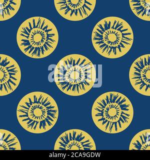 Vektor ethnischen und Tribal Motive nahtlose Muster Hintergrund. Gelb malerisch Grunge Stil Sonne Symbol Kreise auf blauem Hintergrund. Handgezeichnete Bürste Stock Vektor