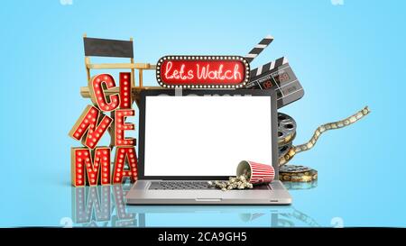 Online-Theater Kino hatte Licht Konzept Nave können Kino 3d-Rendering auf blauem Hintergrund zu sehen Stockfoto