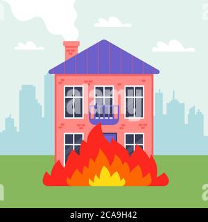Ein zweistöckiges Privathaus steht in Flammen. Feuer in der Stadt. Flache Vektorgrafik. Stock Vektor