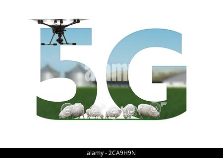 5G-Netz für Steuerdrohne auf einer Smart Farm. Stockfoto