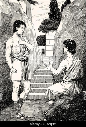 Orestes mit Pyladen, orakel des Apollon, Szene aus Iphigenie in Tauris, Johann Wolfgang von Goethe Stockfoto