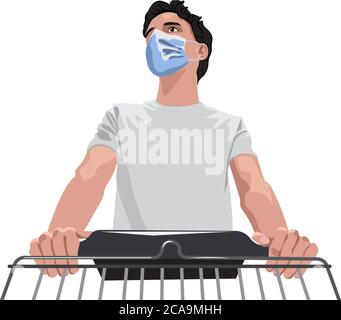 Mann in weißem T-Shirt und Schutzmaske zu Fuß mit einem Einkaufswagen durch Lebensmittelgeschäft. Vektor Stock Vektor