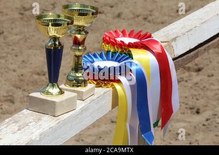 Gruppe von Reiten Pferdesport Trophäen und Abzeichen Rosetten bei Reitveranstaltung auf weißem Holzzaun Stockfoto