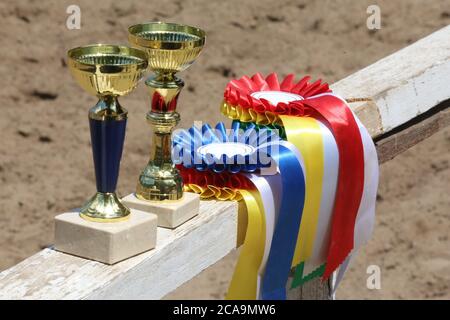 Gruppe von Reiten Pferdesport Trophäen und Abzeichen Rosetten bei Reitveranstaltung auf weißem Holzzaun Stockfoto