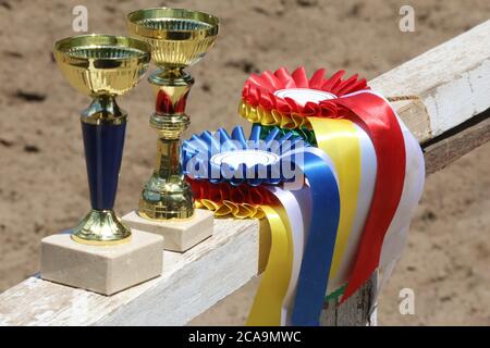 Gruppe von Reiten Pferdesport Trophäen und Abzeichen Rosetten bei Reitveranstaltung auf weißem Holzzaun Stockfoto