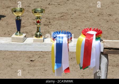 Gruppe von Reiten Pferdesport Trophäen und Abzeichen Rosetten bei Reitveranstaltung auf weißem Holzzaun Stockfoto