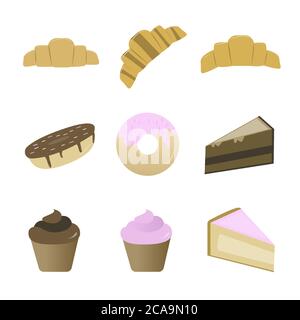 Bäckerei Gebäck Produkte Set. Café-Bar mit Menü-Konzept. Croissant, Donuts, Kuchen, Muffin, Cupcake, Käsekuchen in flachen Stil Vektor-Illustration Stock Vektor