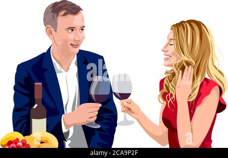 Reifes Paar klirrende Gläser Wein zu einem Zeitpunkt. Mann trägt Anzug und Frau mit blondem Haar in rotem Kleid. Lächelnd und genießen Sie die Zeit zusammen. Vektor Stock Vektor