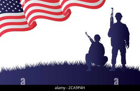Soldaten Figuren Silhouetten in usa Flagge Hintergrund Vektor Illustration Design Stock Vektor