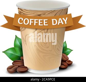 Papiertasse Kaffee mit Blättern und Bohnen Konzept zum Internationalen Kaffeetag feiern. Vektorgrafik isoliert auf weißem Hintergrund Stock Vektor