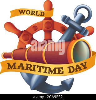 World Maritime Day Designkonzept mit Lenkrad oder Ruder, Spyglass und Anker. Vintage Vektor-Illustration isoliert auf weißem Hintergrund Stock Vektor