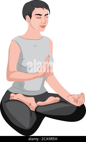 Reife Frau sitzt in Lotusposition und meditiert mit geschlossenen Augen. Graue und schwarze Kleidung Vektor Stock Vektor