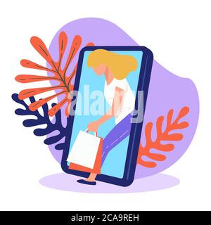 Frau, die vom Online-Shopping mit Kaufvektor zurückkehrt Stock Vektor