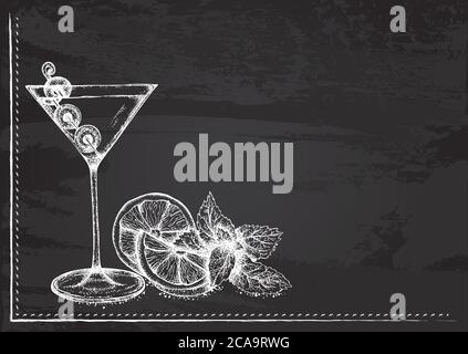 Vektor-Vorlage mit Cocktail mit martini stilisiert als Kreidezeichnung auf Kreidetafel.Design für ein Restaurant, Café oder Bar Stock Vektor