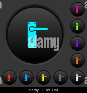 Rechtshändiger Türgriff mit Schrauben dunkle Drucktasten mit lebendigen Farbsymbolen auf dunkelgrauem Hintergrund Stock Vektor