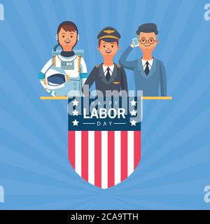 Happy Labor Day Feier mit Arbeitern und Schild Flagge Vektor Illustration Design Stock Vektor