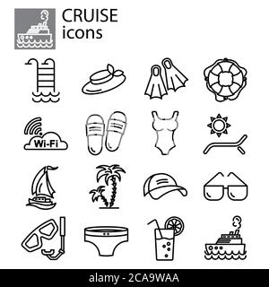 Kreuzfahrt, Urlaub lineare Vektor-Symbol-Set. Urlaub, Sommer Linie dünne Zeichen-Set. Reise, Tour Umriss Symbol-Set. Logo schwarz auf weißem Hintergrund Seetour Stock Vektor
