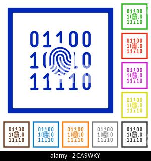 Flache Farbsymbole mit digitalem Fingerabdruck in quadratischen Rahmen auf weißem Hintergrund Stock Vektor