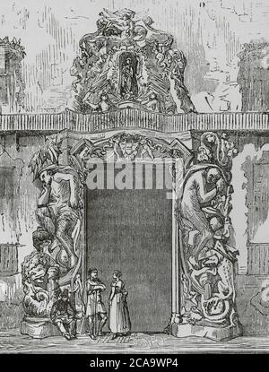 Spanien, Valencia. Palast des Marquis von Dos Aguas. Detail der Hauptfassade. Gravur, 19. Jahrhundert. Cronica General de España. Historia Ilustrada y Descriptiva de sus Provincias. Valencia, 1867. Stockfoto