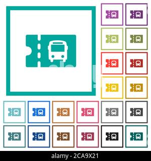 Rabattgutschein für öffentliche Verkehrsmittel, flache Farbsymbole mit Quadrantenrahmen auf weißem Hintergrund Stock Vektor