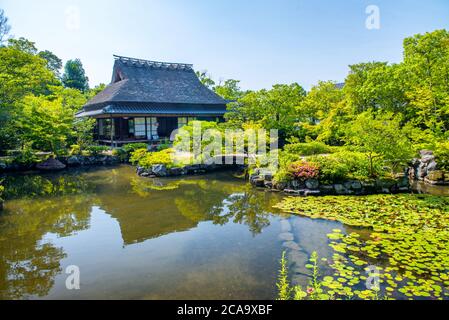 Yoshikien Garten in Nara ist eine wichtige Touristenattraktion, japanischer Garten mit Teehaus, Japan. Stockfoto