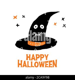 Hexenhut mit niedlichem lächelndem Gesicht und Happy Halloween Schriftzug und Doodle Cross Elementen. Weihnachtskarte. Isoliert auf weißem Hintergrund. Vektor Stock Vektor