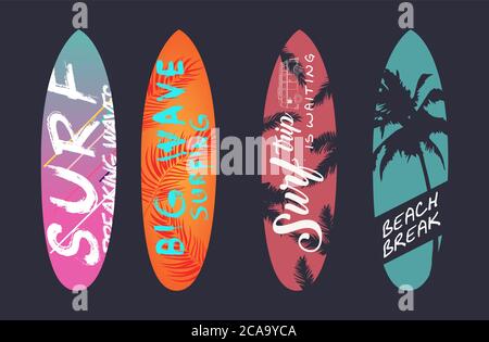 vektor-Grafik-Design. Slogans für die Sommerzeit auf Surfbrett vorbereitet Stock Vektor