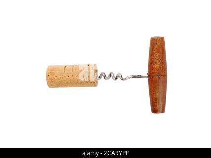 Ein alter alter, alter Flaschenöffner aus Holz mit Rotweinkork isoliert auf weißem Grund, erhöhte Draufsicht, direkt oben Stockfoto
