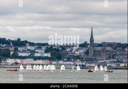 Crosshaven, Cork, Irland. August 2020. Eine Gruppe von Optimist Schlauchbooten vom Royal Cork Yacht Club Training im Hafen von Cork vor dem Hintergrund der St Colman's Cathedral in Cobh, Co. Cork, Irland. - Credit; David Creedon / Alamy Live News Stockfoto