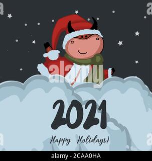 Weihnachtskarte 2021. Winterlandschaft. Vektor-Illustration. Neujahr Poster. Jahr des Ochsen oder Stiers. Stierfigur. Stock Vektor