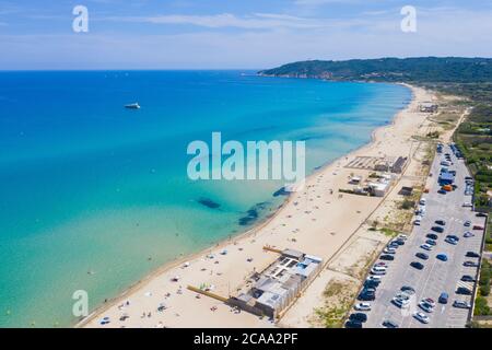 Var Department, Ramatuelle - Saint Tropez, Luftbild des Strandes von Pampelonne, der berühmte Strand an der französischen Riviera Stockfoto