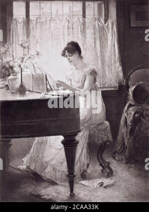 1890 Fototravur eines Percy Moran Gemäldes mit der Bildunterschrift The Old Song Stockfoto