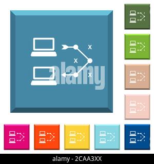 Traceroute Remote Computer weiße Symbole auf kantigen quadratischen Tasten in verschiedenen trendigen Farben Stock Vektor