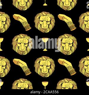 Vektormuster Mystik und Magie. Löwenkopf und goldene Hand. Schwarzer Hintergrund. Halloween Hintergrund. Stock Vektor