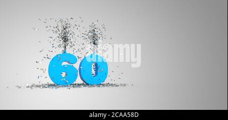 60 Jahre, blauer Text, grauer Hintergrund 3D-Rendering Stockfoto