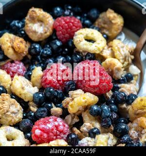 Müsli mit Himbeeren, Heidelbeeren und Flocken in einer schwarzen Schüssel, Nahaufnahme. Gesundes Essen, gesundes Frühstückskonzept Stockfoto