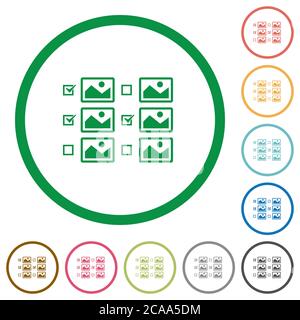 Auswahl mehrerer Bilder mit Kontrollkästchen flache Farbsymbole in runden Umrissen auf weißem Hintergrund Stock Vektor