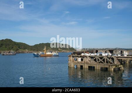 Brixham Trawler BM478 Danielle Rückkehr zum Hafen Rundungen Brixham Hafen Pierhead Headland im Hintergrund Fernsicht ruhiges Meer hellblau Himmel Stockfoto