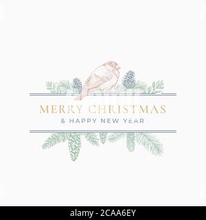 Frohe Weihnachten Grußkarte oder Etikett. Frame Banner mit Vintage Typografie und handgezeichneten Holiday Illustrationen. Mistel, Bullfinch Vogel und Stock Vektor