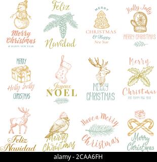Frohe Weihnachten und ein glückliches neues Jahr abstrakte Vektor-Zeichen, Etiketten oder Logo-Vorlagen Set. Handgezeichnete Weihnachten Sketche Stil Illustrationen mit Retro Stock Vektor