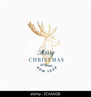 Frohe Weihnachten abstrakte Vektor Retro Label, Zeichen oder Karte Vorlage. Handgezeichnete Skizze mit goldenem Rentier oder Hirschkopf mit Vintage Stock Vektor