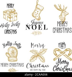 Frohe Weihnachten und ein glückliches neues Jahr abstrakte Vektor-Zeichen, Etiketten oder Logo-Vorlagen Set. Handgezeichneter Hirsch, Zuckerrohr, Stechpalme, Geschenkschachtel und Socke Stock Vektor