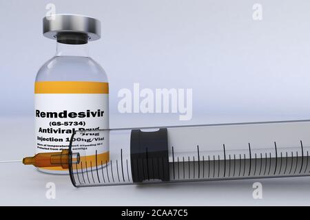 3D Illustration mit einer Spritze und einer Behälterflasche antivirales Medikament Remdesivir GS-5734 in der Behandlung der Coronavirus-Krankheit 2019 COVID-19. Stockfoto