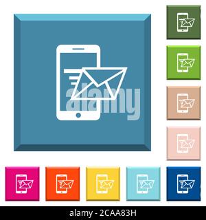 Senden von E-Mails von Mobiltelefonen weiße Symbole auf kantigen quadratischen Tasten in verschiedenen trendigen Farben Stock Vektor