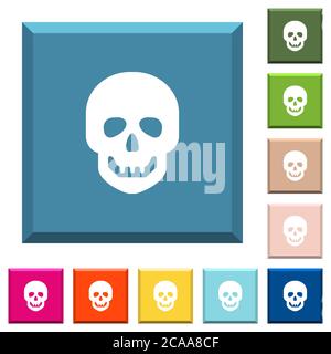 Menschliche Schädel weiße Symbole auf kantigen quadratischen Knöpfen in verschiedenen trendigen Farben Stock Vektor