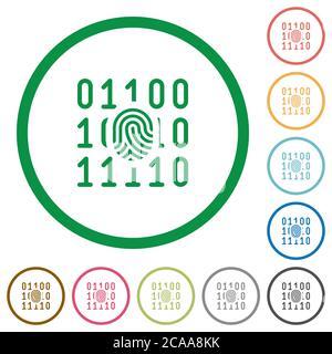 Flache Farbsymbole mit digitalem Fingerabdruck in runden Umrissen auf weißem Hintergrund Stock Vektor