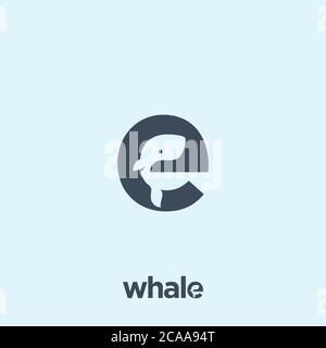 Whale Abstract Vektor Logo Vorlage, Zeichen oder Symbol. Cute Little Whale Silhouette Incorporated im Brief E. Negative Space Konzept mit modernen Stock Vektor